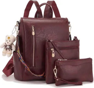 Soperwillton Women Backpack Purse PU Leather Anti-theft Fashion Shoulder Bag Travel Backpack Set 3pcs