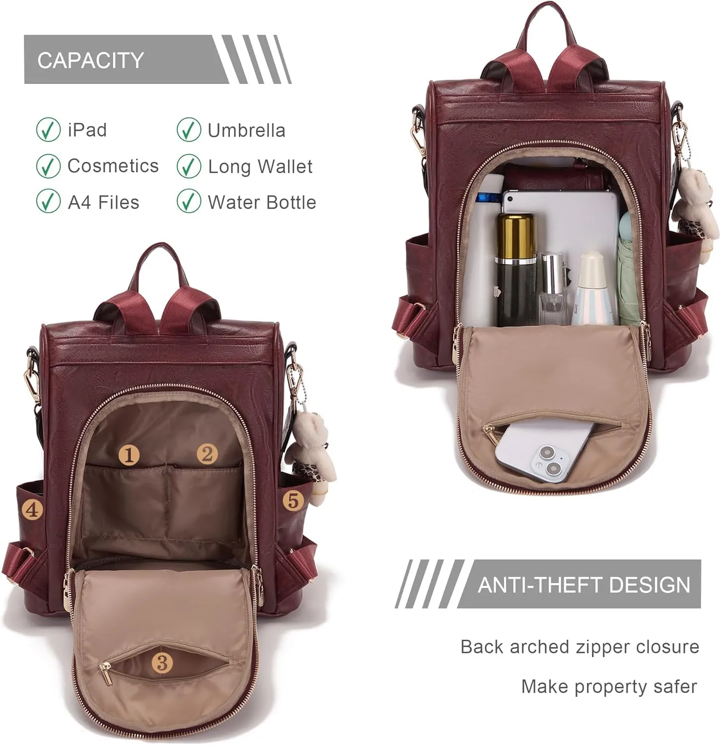 Soperwillton Women Backpack Purse PU Leather Anti-theft Fashion Shoulder Bag Travel Backpack Set 3pcs