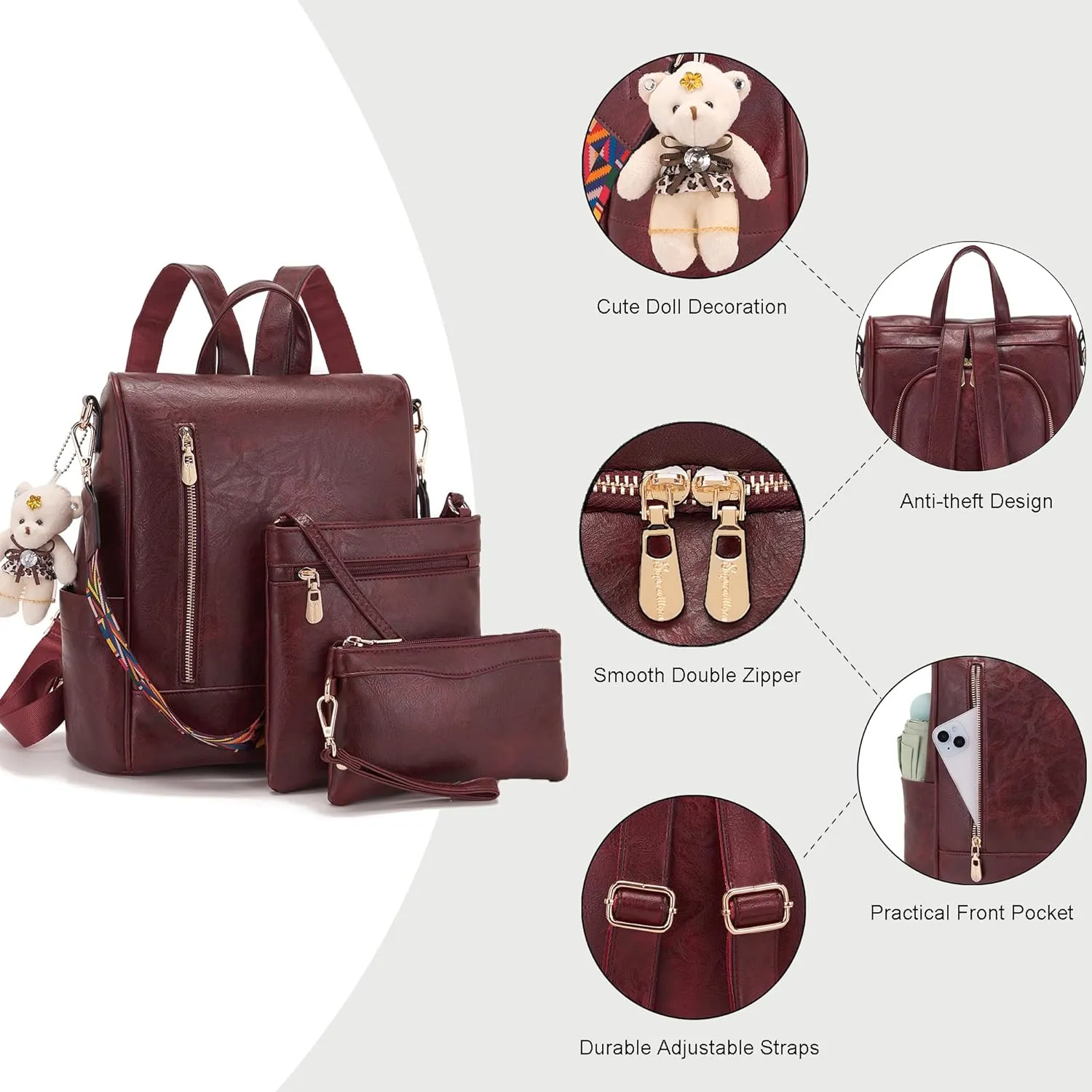 Soperwillton Women Backpack Purse PU Leather Anti-theft Fashion Shoulder Bag Travel Backpack Set 3pcs