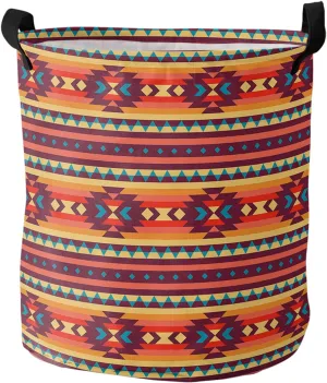 Southeastern Bohemia Large Laundry Basket, Collapsible Bag with Easy Carry Handles, Geometric Native American Tribal Waterproof Foldable Freestanding Hamper, Folding Washing Bin Clothes Storage Round