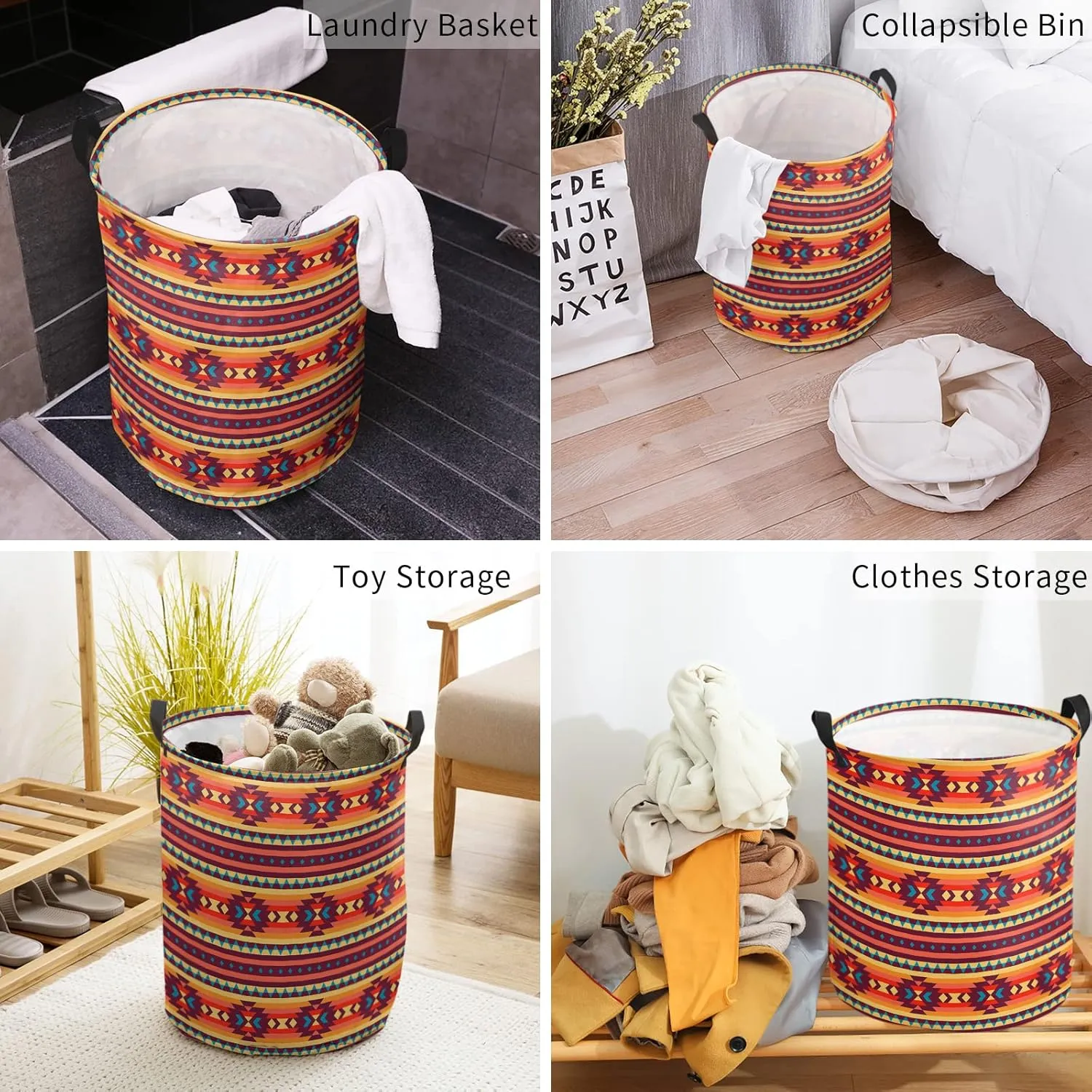 Southeastern Bohemia Large Laundry Basket, Collapsible Bag with Easy Carry Handles, Geometric Native American Tribal Waterproof Foldable Freestanding Hamper, Folding Washing Bin Clothes Storage Round