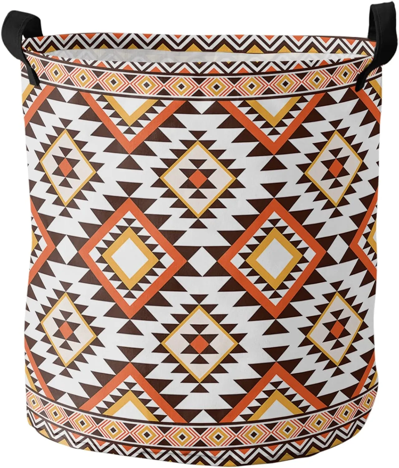 Southeastern Laundry Basket, Collapsible Bag with Easy Carry Handles, Boho Brown Geometric Native American Tribal Waterproof Foldable Freestanding Hamper, Folding Washing Bin Clothes Storage Round