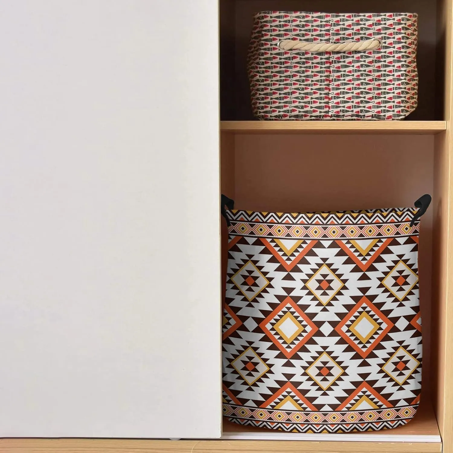Southeastern Laundry Basket, Collapsible Bag with Easy Carry Handles, Boho Brown Geometric Native American Tribal Waterproof Foldable Freestanding Hamper, Folding Washing Bin Clothes Storage Round