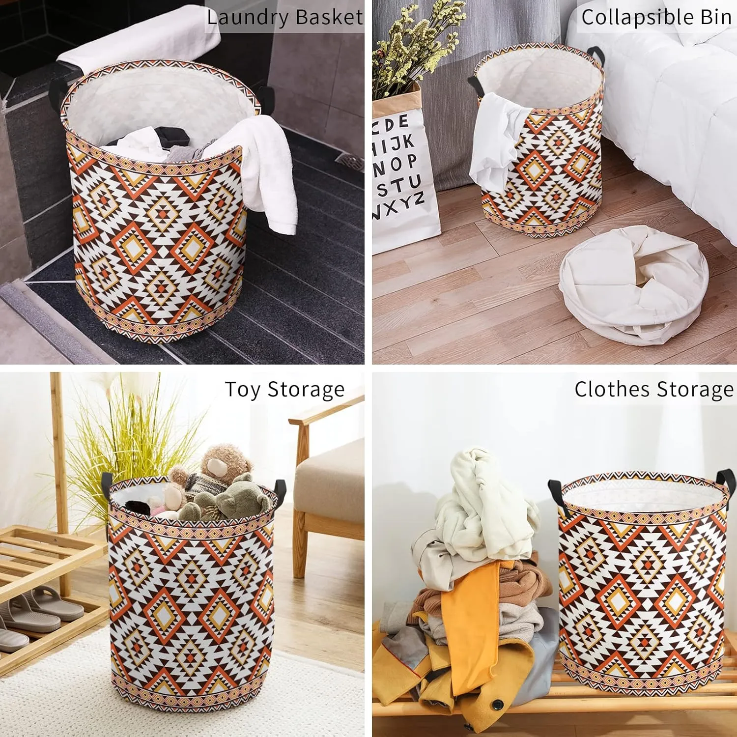 Southeastern Laundry Basket, Collapsible Bag with Easy Carry Handles, Boho Brown Geometric Native American Tribal Waterproof Foldable Freestanding Hamper, Folding Washing Bin Clothes Storage Round