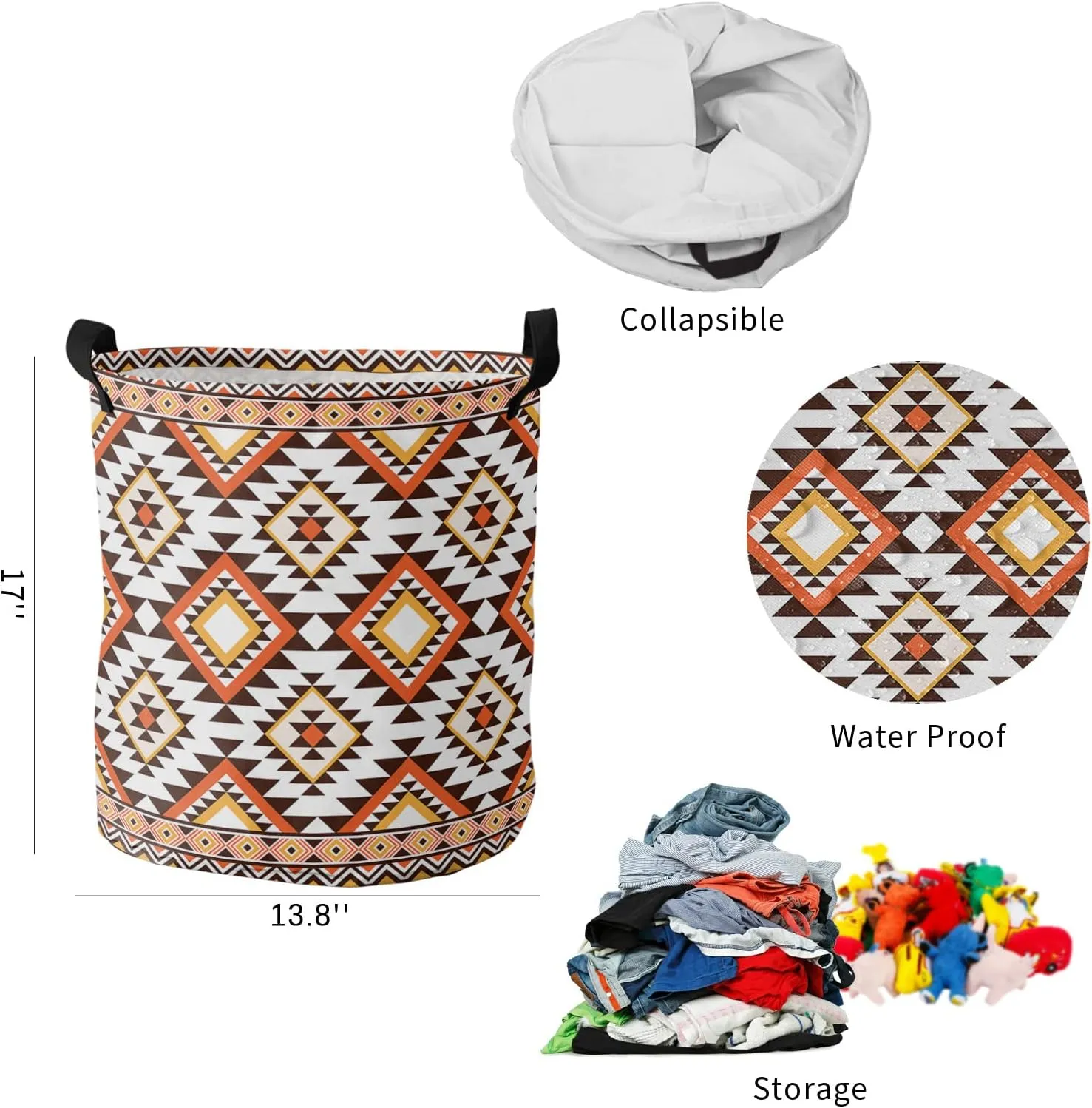 Southeastern Laundry Basket, Collapsible Bag with Easy Carry Handles, Boho Brown Geometric Native American Tribal Waterproof Foldable Freestanding Hamper, Folding Washing Bin Clothes Storage Round
