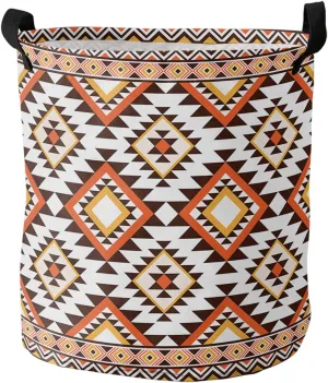 Southeastern Laundry Basket, Collapsible Bag with Easy Carry Handles, Boho Brown Geometric Native American Tribal Waterproof Foldable Freestanding Hamper, Folding Washing Bin Clothes Storage Round
