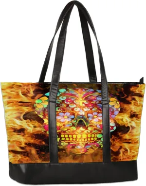 Sparks Flower Skulls Laptop Tote Bag for Women Lightweight Work Purse with Multiple Compartments Fits 13-15.6 Inch Laptop Tablet Shoulder Bag for Office Travel Daily Use