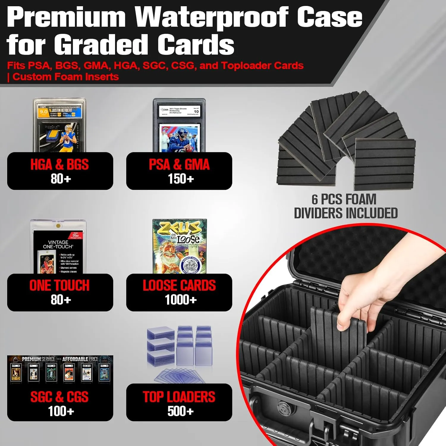 Sports Card Case Storage Box: Trading Cards Storage Box for PSA Graded Cards Holder and Top Loaders, Baseball Sport Card Storage Boxes, Waterproof Hard Case with 6 Dividers for Top Loaders Card (500 )
