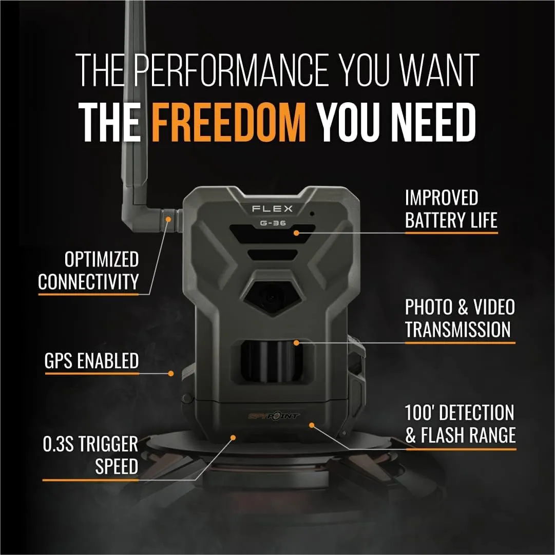 SPYPOINT Flex G-36 Cellular Trail Camera, 36MP Photos and 1080p Videos w/Sound, GPS Enabled, Dual-Sim LTE Connectivity, 100' Flash & Detection Range