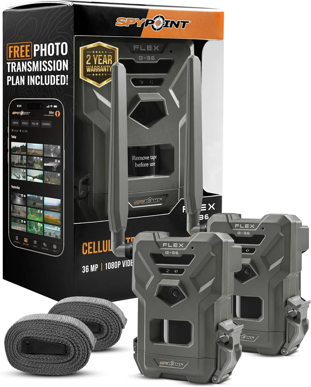 SPYPOINT Flex G-36 Twin Pack Cellular Trail Camera, 36MP Photos and 1080p Videos with Sound, GPS Enabled, Dual-Sim LTE Connectivity, 100' Flash & Detection Range, Responsive Trigger up to .3S