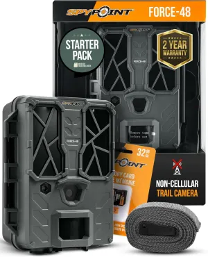 SPYPOINT FORCE-48 Starter Pack Trail Camera with SD Card, Non-Cellular, 48MP Photo 720p Video w/ 48 Low-Glow LEDs, 80’ Flash Range, 80’ Detection Range, LCD Setup Screen