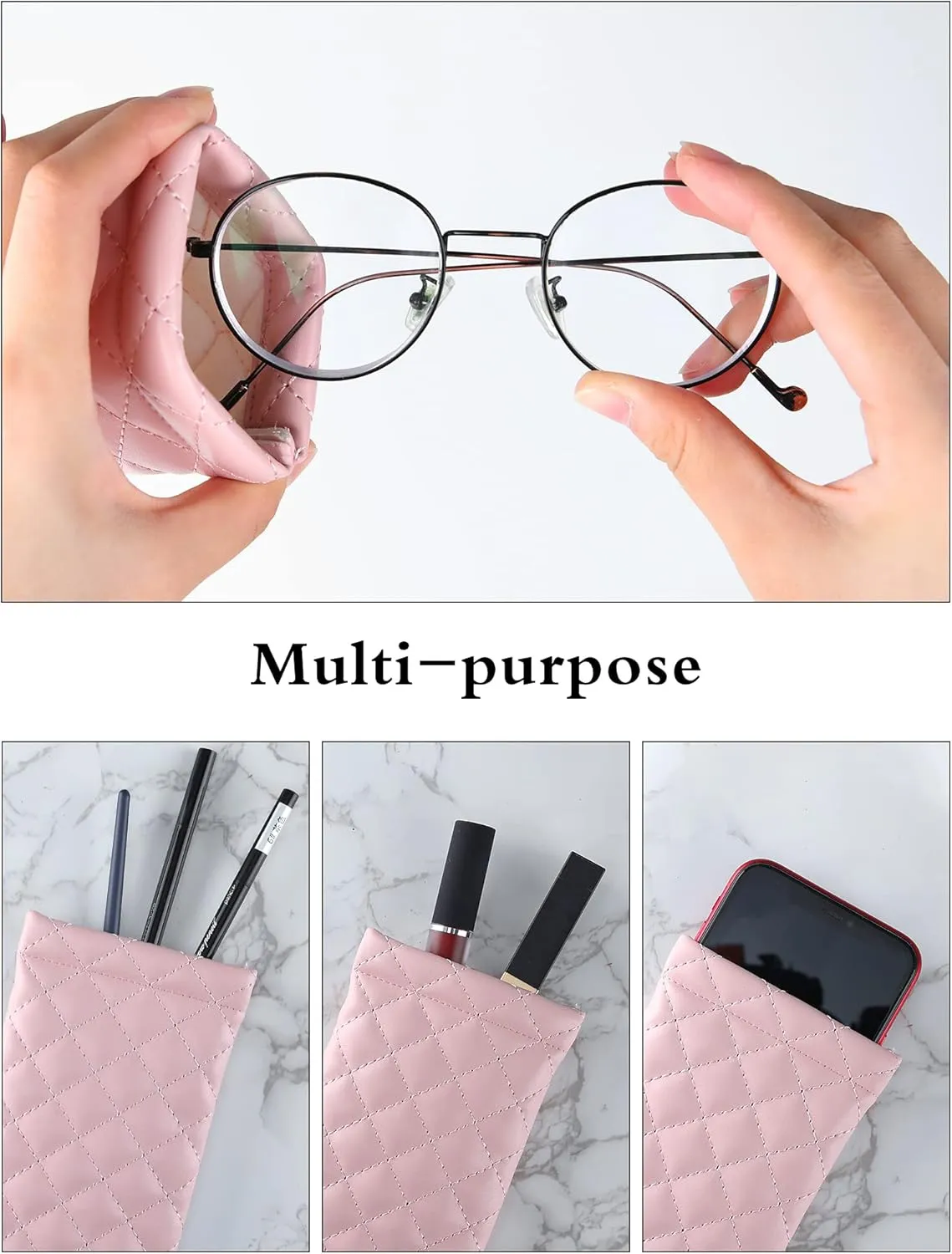 Squeeze Top Sunglass Pouch - Portable Sunglass Organizer Pouch Bags Soft PU Leather Glasses 2 Pack
