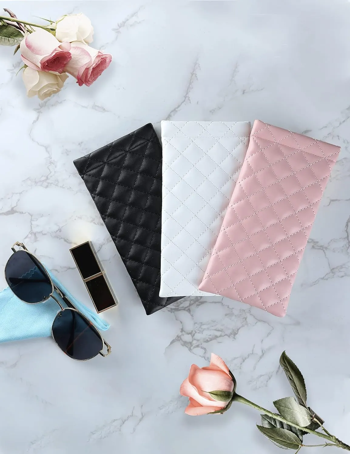Squeeze Top Sunglass Pouch - Portable Sunglass Organizer Pouch Bags Soft PU Leather Glasses 2 Pack