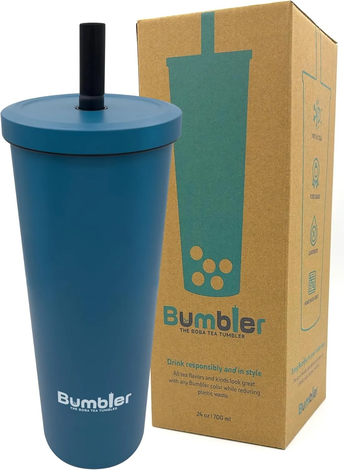 Stainless Steel Bubble Tea Cup - Bumbler 24oz Large Reusable Eco-Friendly Tumbler with Wide Soft Tip Metal Straw, Leak-Proof Lid - for Boba, Smoothies, Iced Coffee, Hot or Cold Drinks - Blue Eclipse