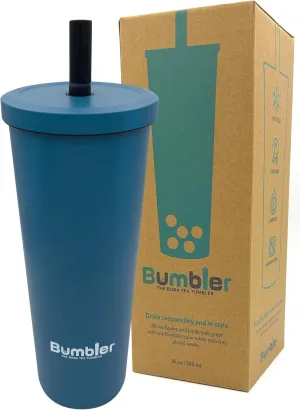 Stainless Steel Bubble Tea Cup - Bumbler 24oz Large Reusable Eco-Friendly Tumbler with Wide Soft Tip Metal Straw, Leak-Proof Lid - for Boba, Smoothies, Iced Coffee, Hot or Cold Drinks - Blue Eclipse