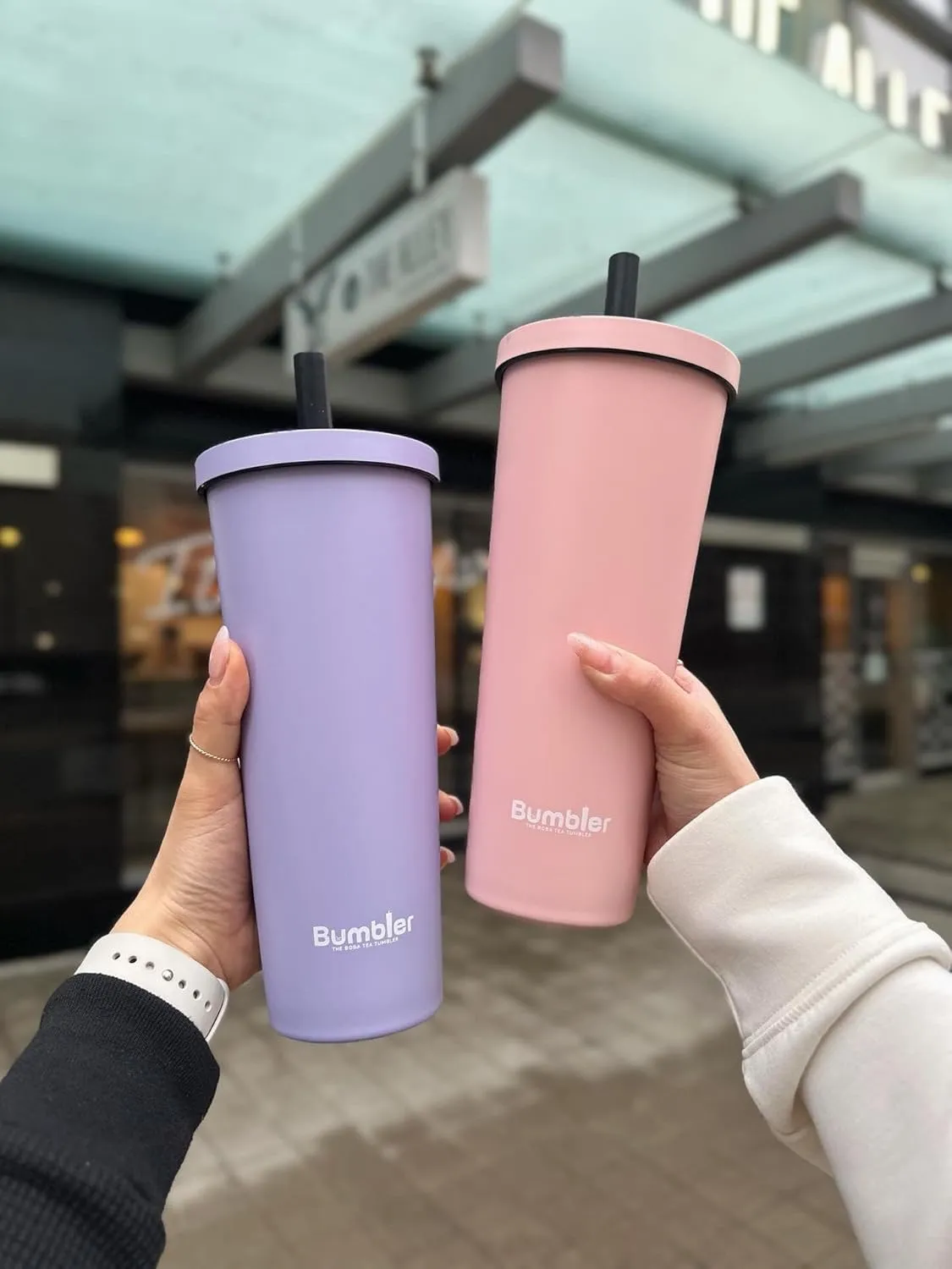 Stainless Steel Bubble Tea Cup - Bumbler 24oz Large Reusable Eco-Friendly Tumbler with Wide Soft Tip Metal Straw, Leak-Proof Lid - for Boba, Smoothies, Iced Coffee, Hot or Cold Drinks - Blue Eclipse