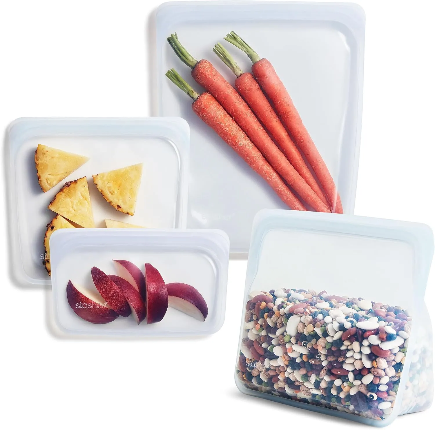 Stasher Premium Silicone Reusable Food Storage Bags, 4-Pack, Clear, Multi-Use Food Storage Bags, Lunch Bag, Travel Containers, BPA Free, Leak-free, Dishwasher-Safe, Eco-friendly