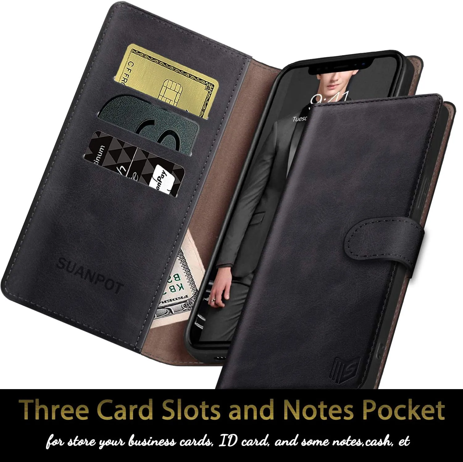 SUANPOT for iPhone XR 6.1 (Non XS 5.8",XS Max 6.7") Leather Wallet case with RFID Blocking Credit Card Holder Flip Folio Book Phone Cover Shockproof Pocket case for Apple XR for Men Women Black