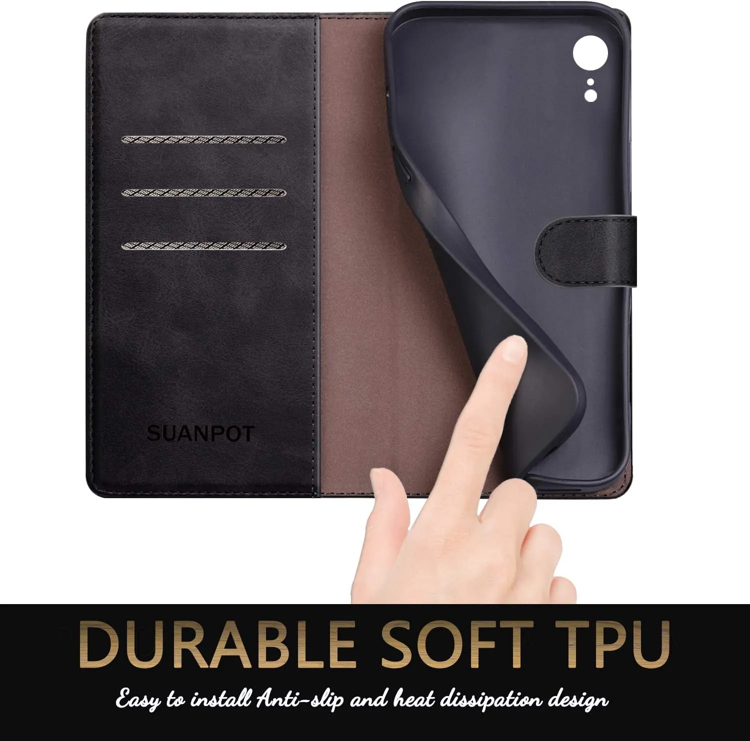 SUANPOT for iPhone XR 6.1 (Non XS 5.8",XS Max 6.7") Leather Wallet case with RFID Blocking Credit Card Holder Flip Folio Book Phone Cover Shockproof Pocket case for Apple XR for Men Women Black