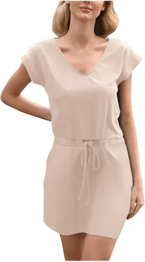 Summer Dresses for Women 2025 Lantern Sleeve V Neck Mini Dress Tie Front A-Line Double Layer Hem Sundress