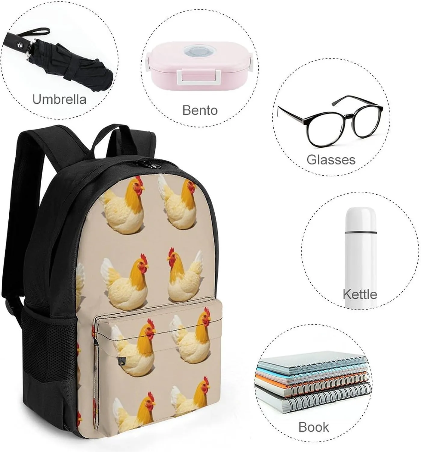 Supdreamc Polyester Daypack Bookbag for Gym Business Bicycle - Large Capacity Multipurpose Anti-Theft Carry On Bag, Chicken Rooster Art Travel Hiking Daypack