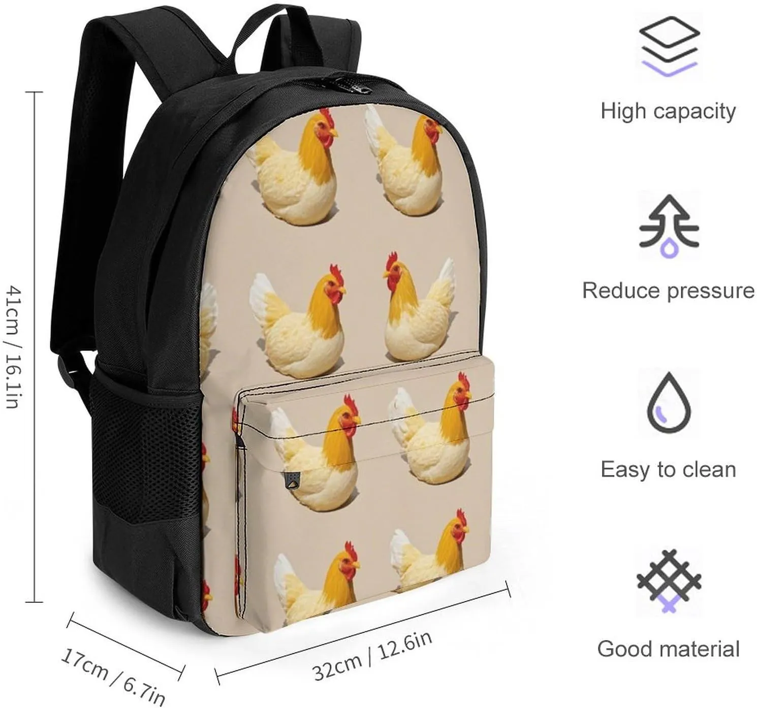 Supdreamc Polyester Daypack Bookbag for Gym Business Bicycle - Large Capacity Multipurpose Anti-Theft Carry On Bag, Chicken Rooster Art Travel Hiking Daypack