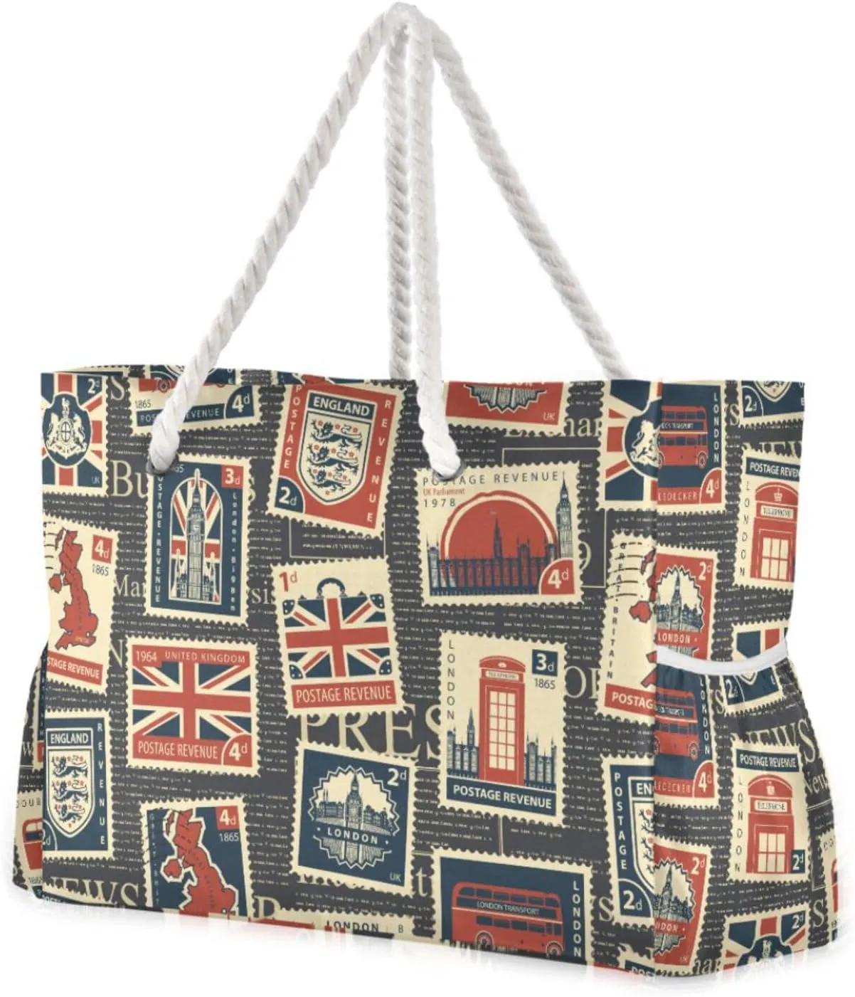 susiyo Beach Bag London Postage Stamps Postmarks Beach Tote Bag Large Travel Tote Bag Waterproof Lightweight Shoulder Bag with Thick Cotton Rope for Gym Beach Travel Pool Yoga Baby Utility Bag