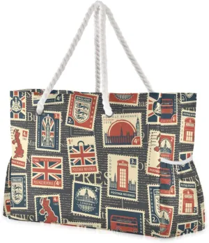 susiyo Beach Bag London Postage Stamps Postmarks Beach Tote Bag Large Travel Tote Bag Waterproof Lightweight Shoulder Bag with Thick Cotton Rope for Gym Beach Travel Pool Yoga Baby Utility Bag