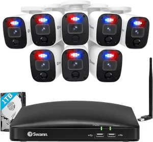Swann Home Security Camera, 1080p DVR Bullet Surveillance Cameras with 1TB HDD, 8 Channel 8 Cam, Indoor Outdoor Wired Surveillance Camera, WiFi Dongle, Color Night Vision, Heat Motion Detection, LEDs