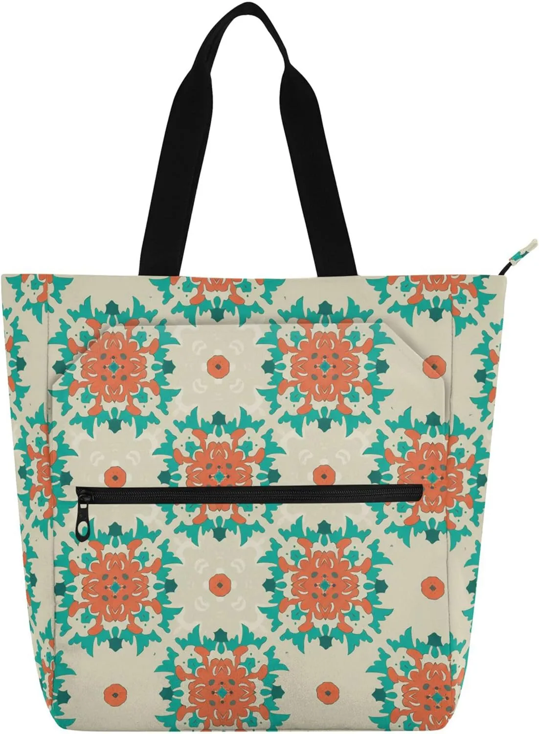 Symmetrical Motifs Book Tote Bag with Zipper Pocket Large Capacity Casual Shoulder Bag for Women, Top Zipper Closure Holiday Gift