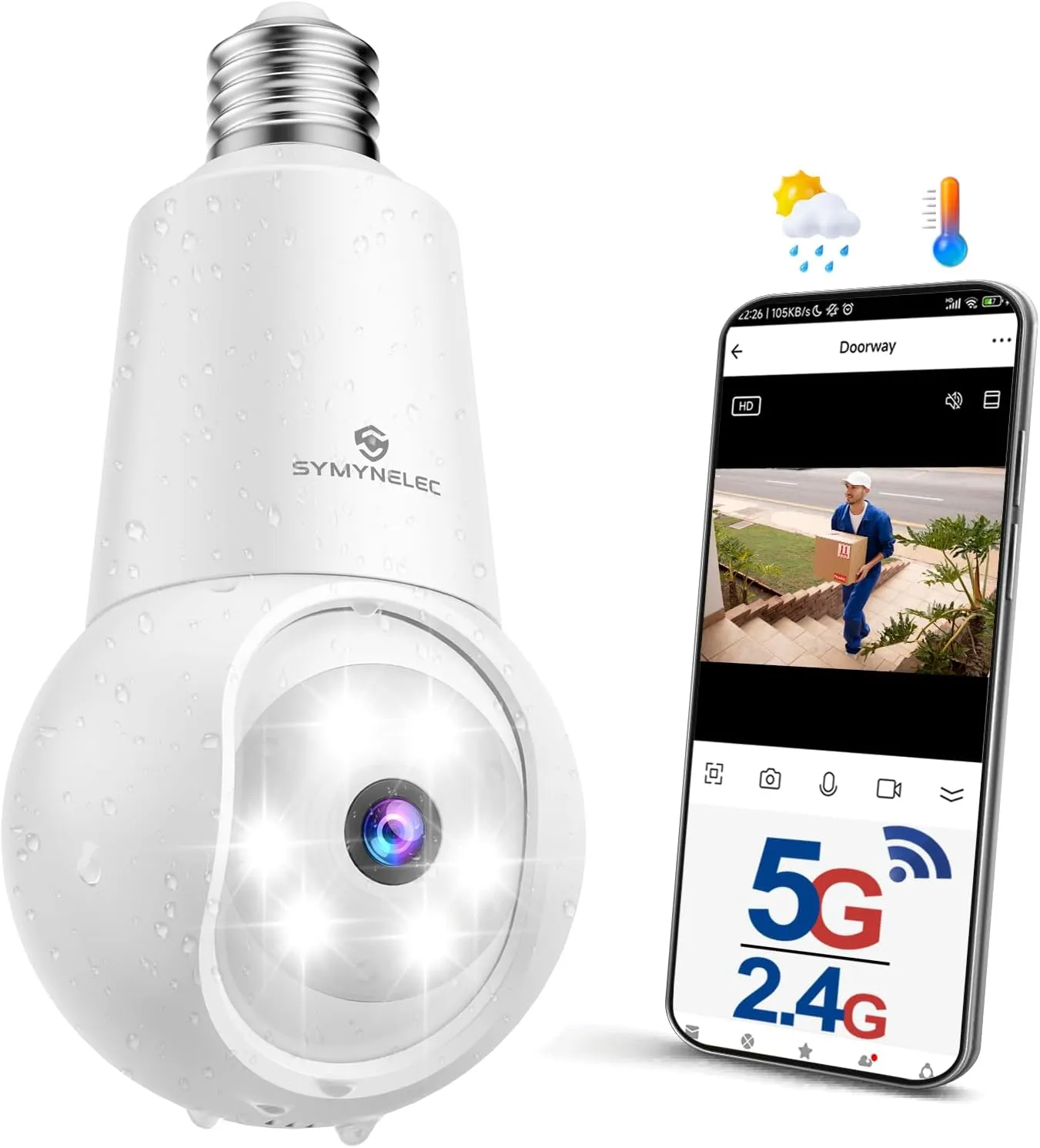 SYMYNELEC Light Bulb Security Camera: 5G WiFi Socket Camera Outdoor - Wireless Lightbulb Camera Waterproof for Home with Night Vision Motion Detection
