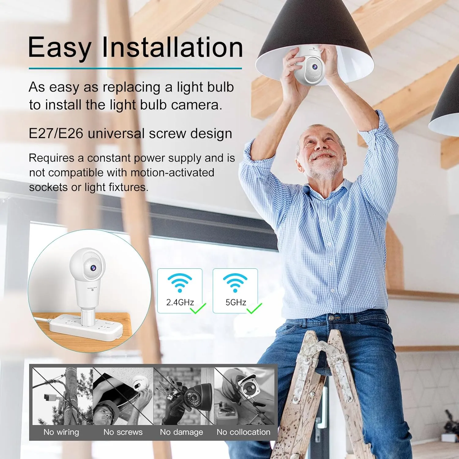 SYMYNELEC Light Bulb Security Camera: 5G WiFi Socket Camera Outdoor - Wireless Lightbulb Camera Waterproof for Home with Night Vision Motion Detection