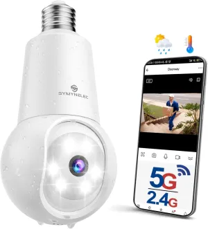 SYMYNELEC Light Bulb Security Camera: 5G WiFi Socket Camera Outdoor - Wireless Lightbulb Camera Waterproof for Home with Night Vision Motion Detection
