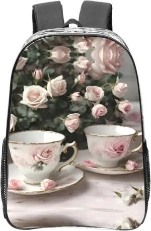 Tea Cups with Roses Romantic Shabby print Clear Backpacks for Office Transparent See Through Backpack Clear Bookbag for Adults
