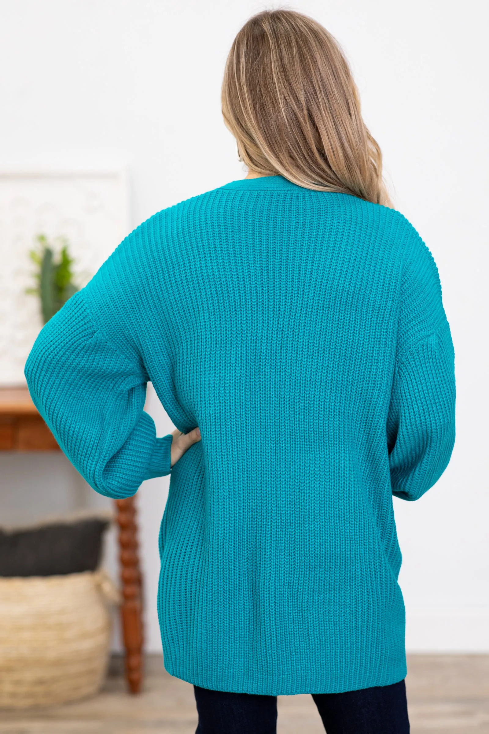 Teal Drop Shoulder Cardigan With Pockets