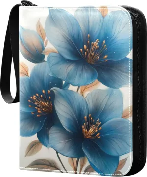 Teal Flowers Silk Painting Cards Binder 4 Pocket Fits 400 Cards with 50 Removable Sleevesves, Trading Card Collector Zipper Album Holder Portable Card Games Display Storage Cases