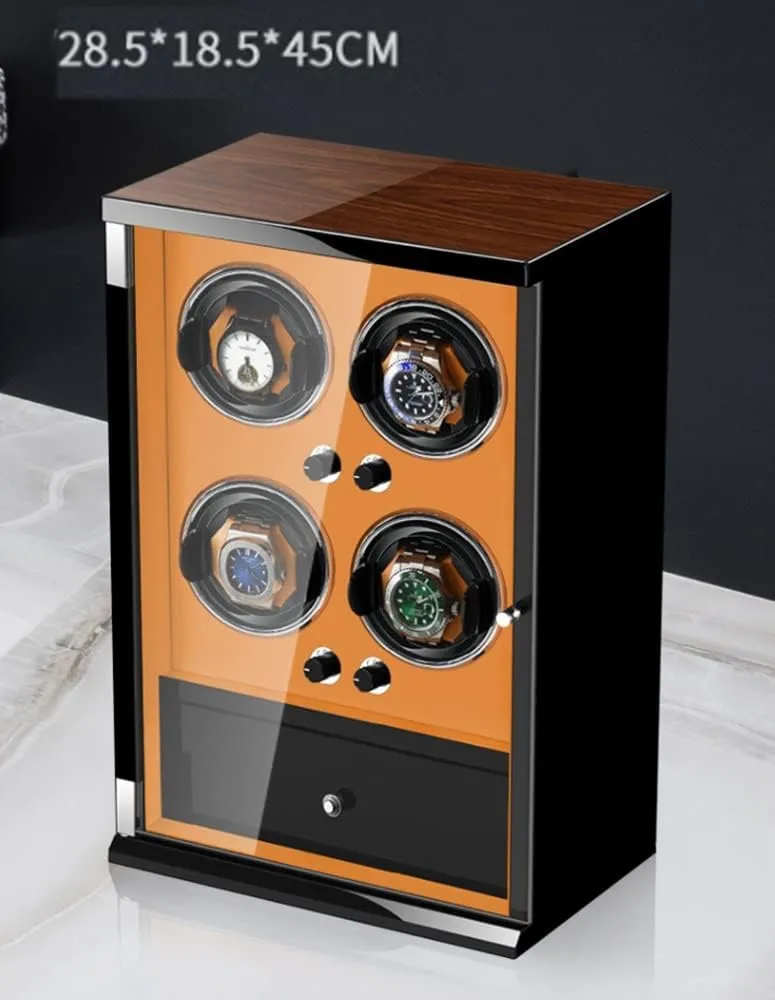 Technology Automatic Watch Winder Box For 4 Automatic Watches With Drawer Storage Design Watches Display Box LED Lighting Wood Shell Piano Self Winding Watch Rotator Box (A)