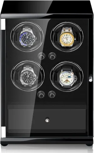 Technology Automatic Watch Winder Box For 4 Automatic Watches With Drawer Storage Design Watches Display Box LED Lighting Wood Shell Piano Self Winding Watch Rotator Box (A)