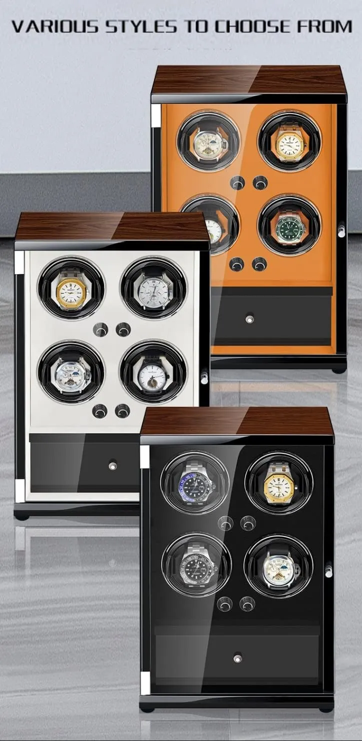 Technology Automatic Watch Winder Box For 4 Automatic Watches With Drawer Storage Design Watches Display Box LED Lighting Wood Shell Piano Self Winding Watch Rotator Box (A)