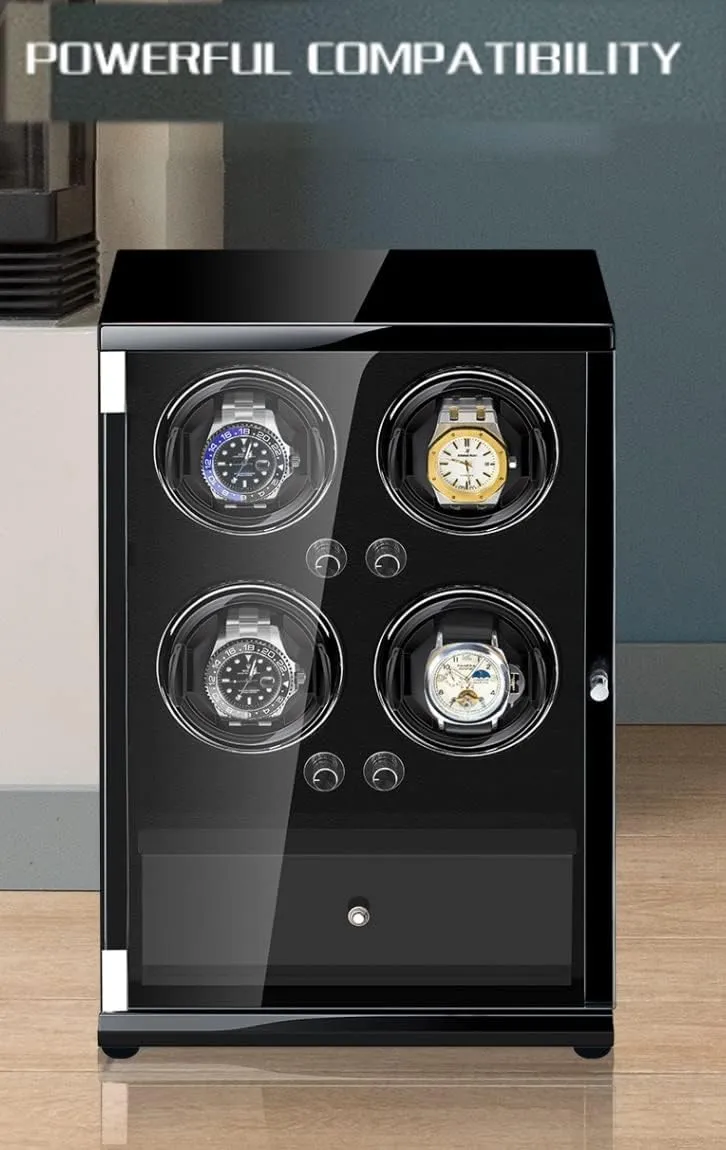 Technology Automatic Watch Winder Box For 4 Automatic Watches With Drawer Storage Design Watches Display Box LED Lighting Wood Shell Piano Self Winding Watch Rotator Box (A)