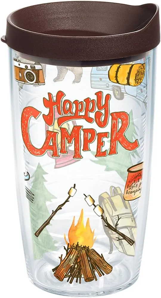 Tervis Happy Camper Tumbler with Wrap and Brown Lid 16oz, Clear