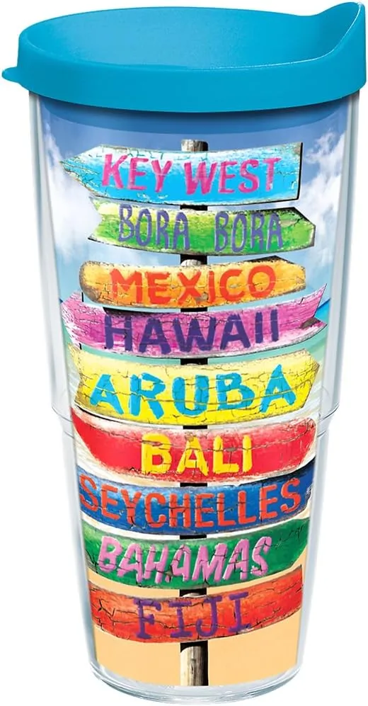 Tervis Tropical Destination Signs Tumbler with Wrap and Turquoise Lid 24oz, Clear