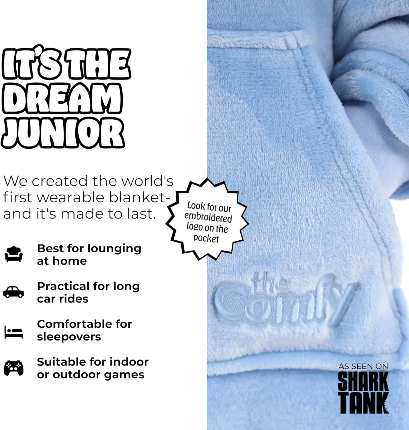 THE COMFY Dream Jr | Lightweight Microfiber Fleece Wearable Blanket for Kids, With Hood and Oversized Pocket from Shark Tank, Warm and Cozy Gifts for Children
