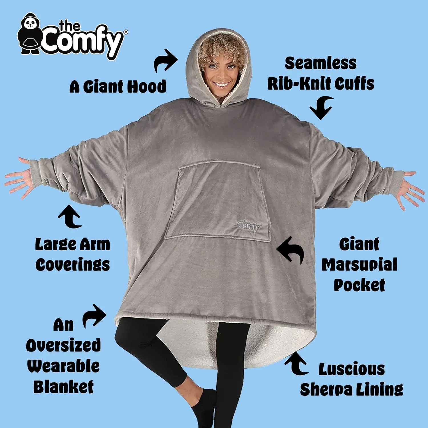 THE COMFY Original | Sherpa Lined Microfiber Fleece Wearable Blanket, Oversized Design with Hood and Pocket from Shark Tank