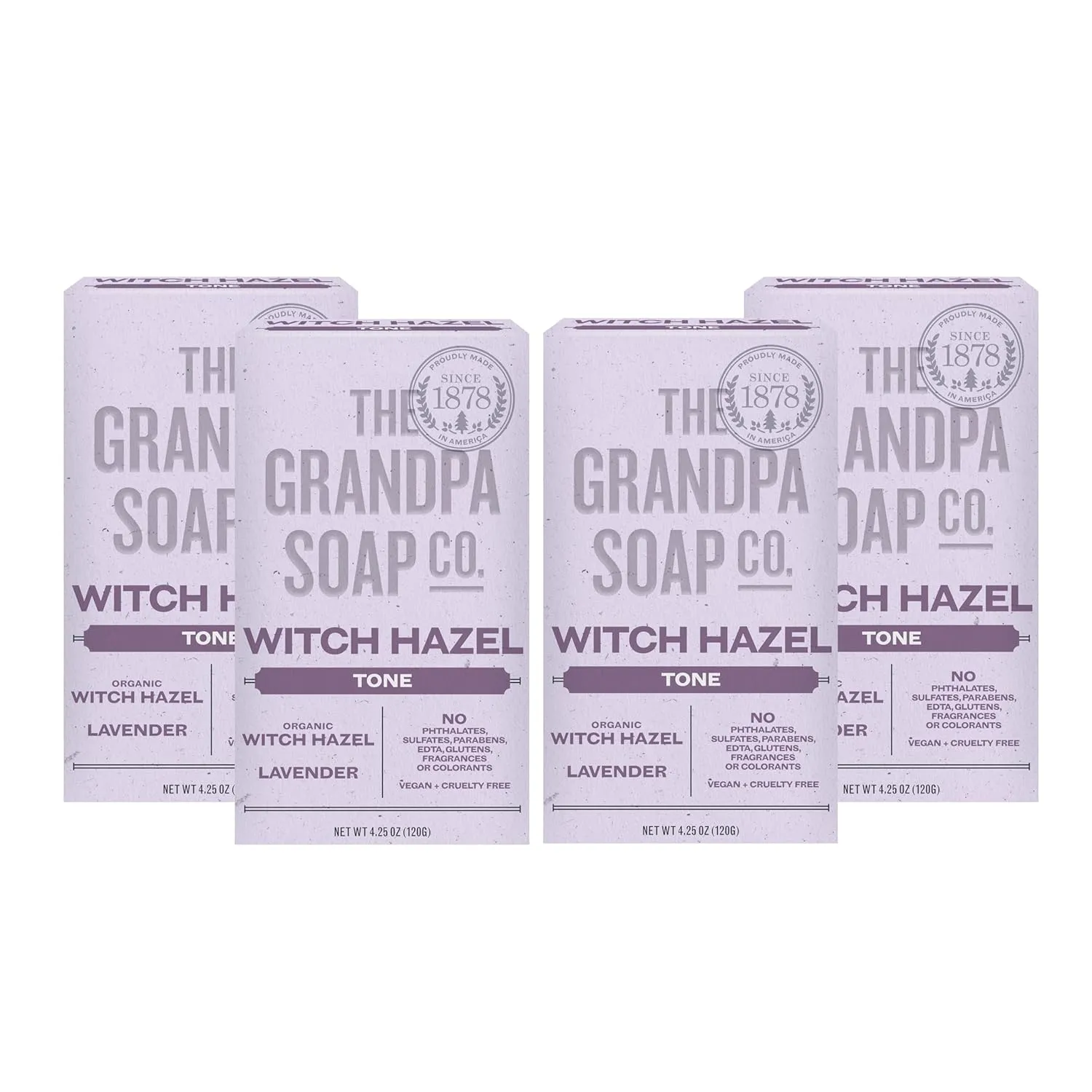 The Grandpa Soap Company Witch Hazel Bar Soap - Gently Tones Skin, With Witch Hazel and Lavender, Provides a Relaxing Effect, Vegan, For Face and Body, 4.25 Oz, 4 Pack