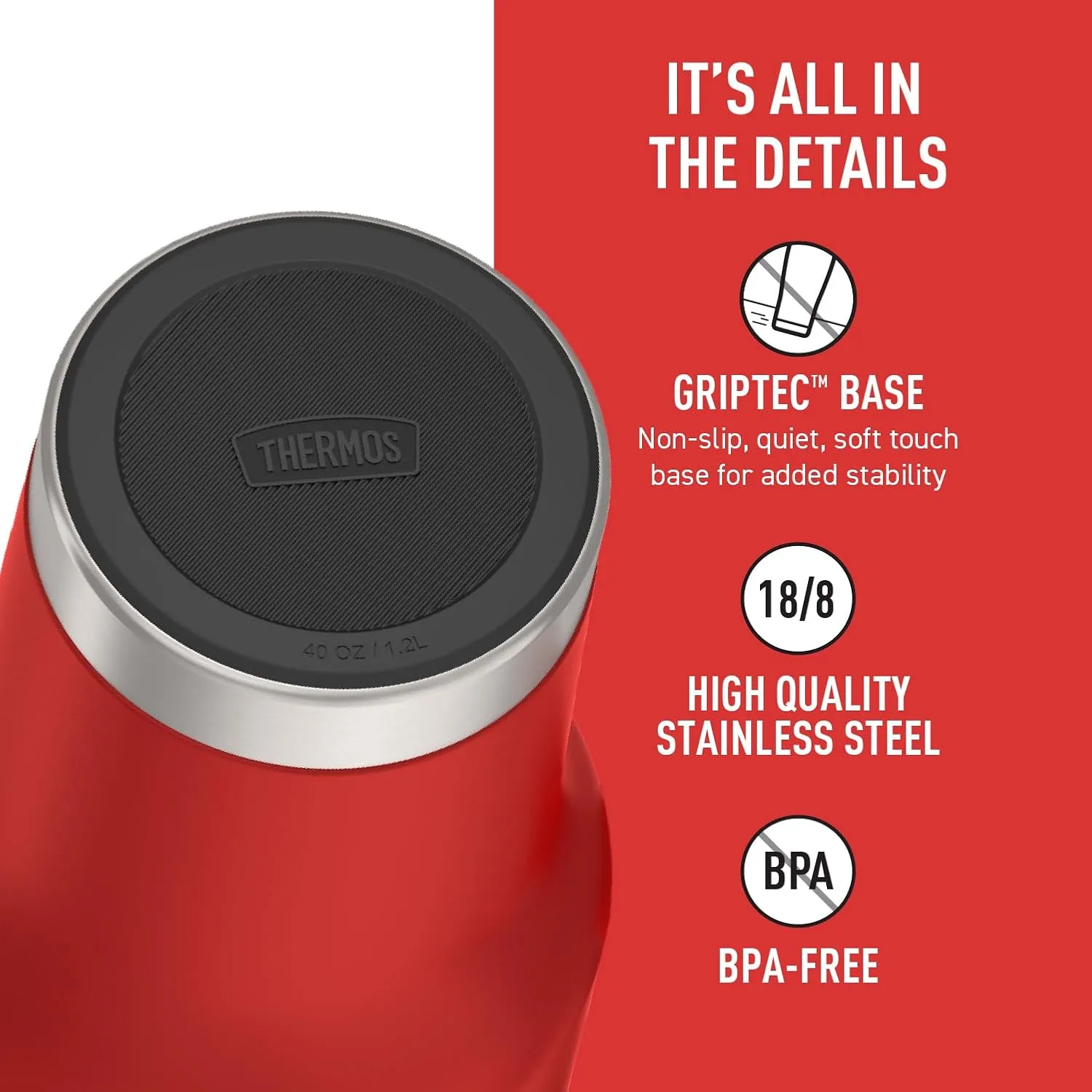 THERMOS Stainless Steel Cup Holder Mug - 40 Ounce, Crimson - Insulated Tumbler with Lid and Straw, Plus Leak-Resistant Slide Lock