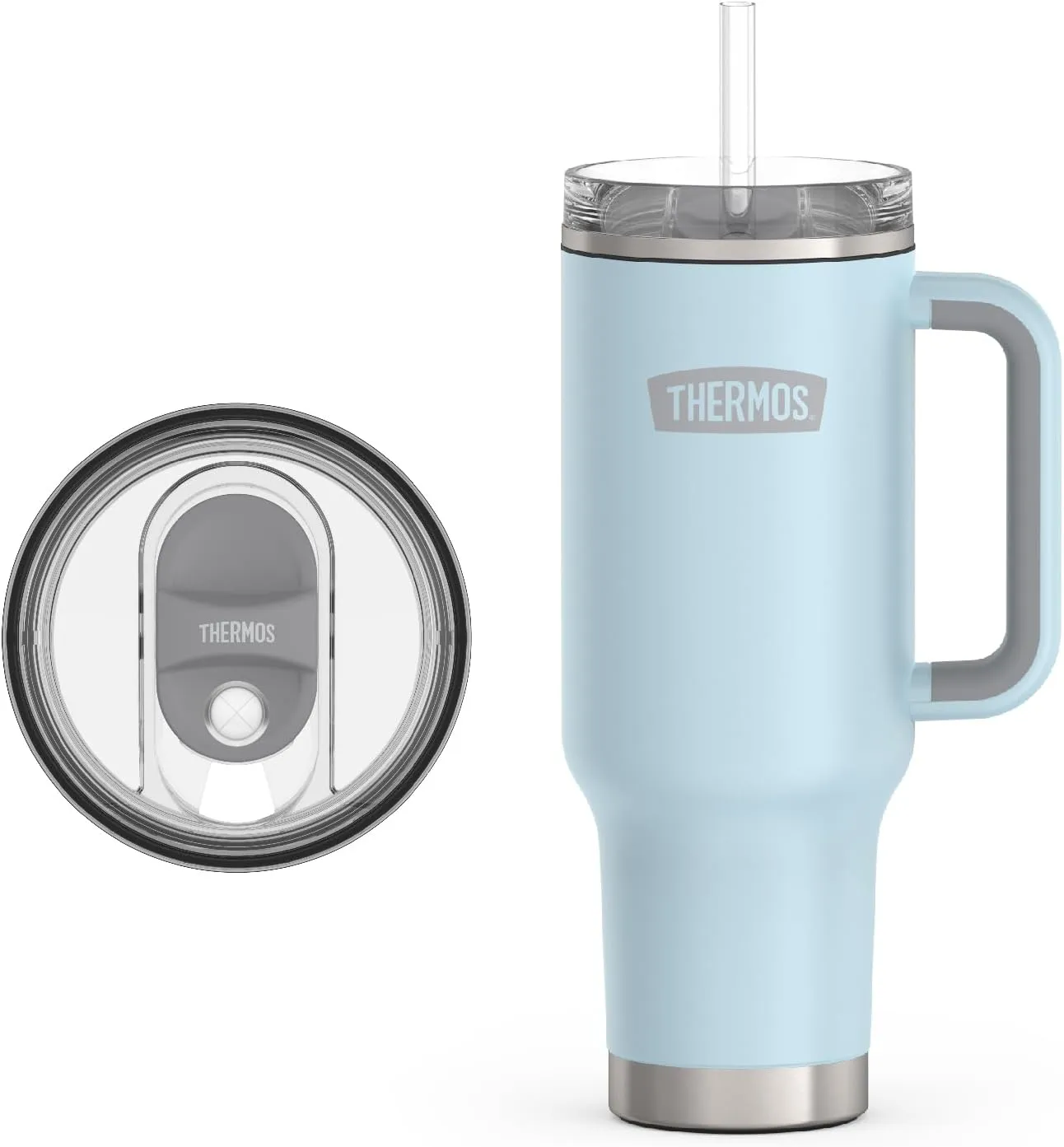 THERMOS Stainless Steel Cup Holder Mug - 40 Ounce, Glacier - Insulated Tumbler with Lid and Straw, Plus Leak-Resistant Slide Lock