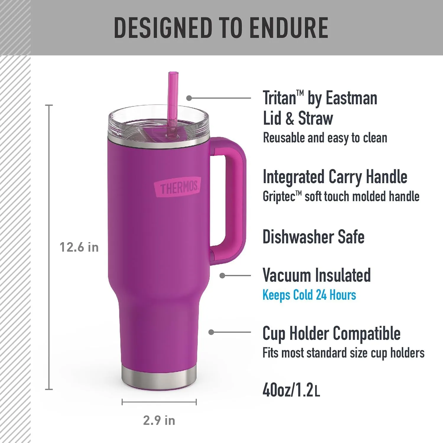 THERMOS Stainless Steel Cup Holder Mug - 40 Ounce, Plum - Insulated Tumbler with Lid and Straw, Plus Leak-Resistant Slide Lock