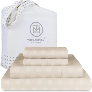 Threadmill Cotton Full Size Sheet Set | 100% Cotton Sheets for Full Size Bed | Damask Jacquard Full Bed Sheets Set with 16” Deep Pocket | Soft Sateen Weave 4-Piece Cooling Bedding Set | Beige
