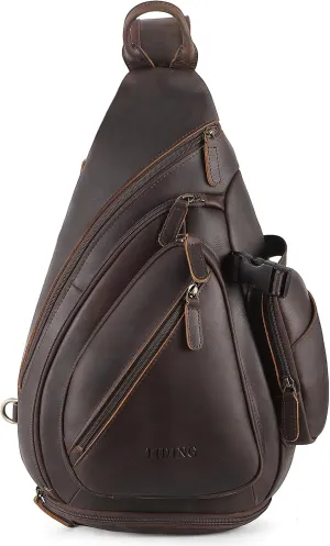 TIDING Full Grain Leather Sling Bag for Men Large Crossbody Chest Bag Casual Hiking Daypack fits 11" Tablet